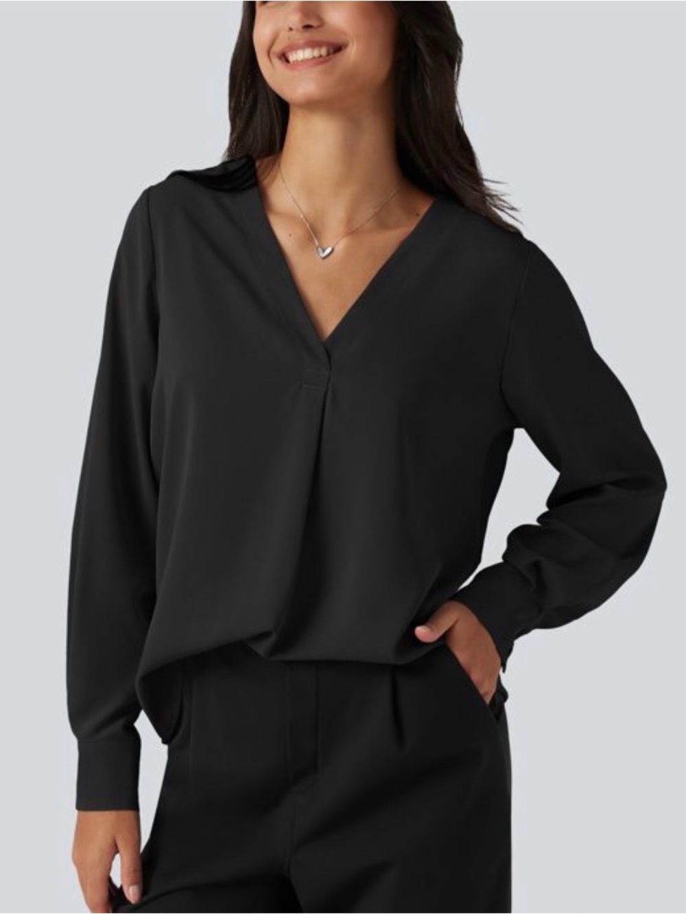 Women's Black V-Neck Long Sleeve Blouse